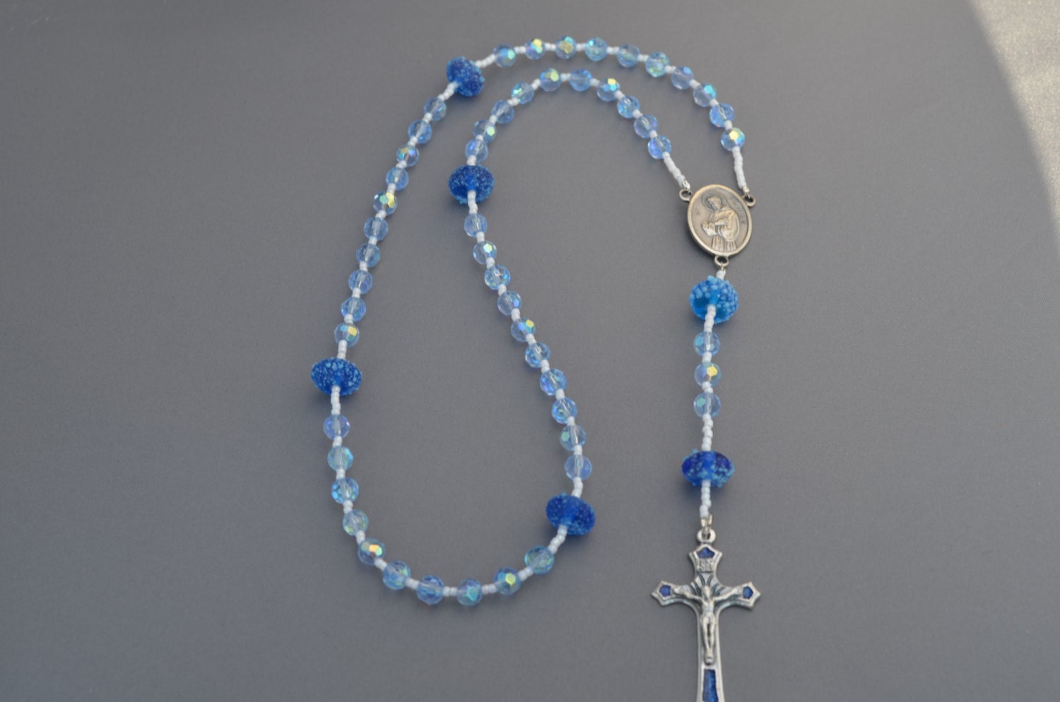 Handmade Catholic Rosary Blue Crystals and Glass, Catholic Rosary in Blue and White, SRAJD