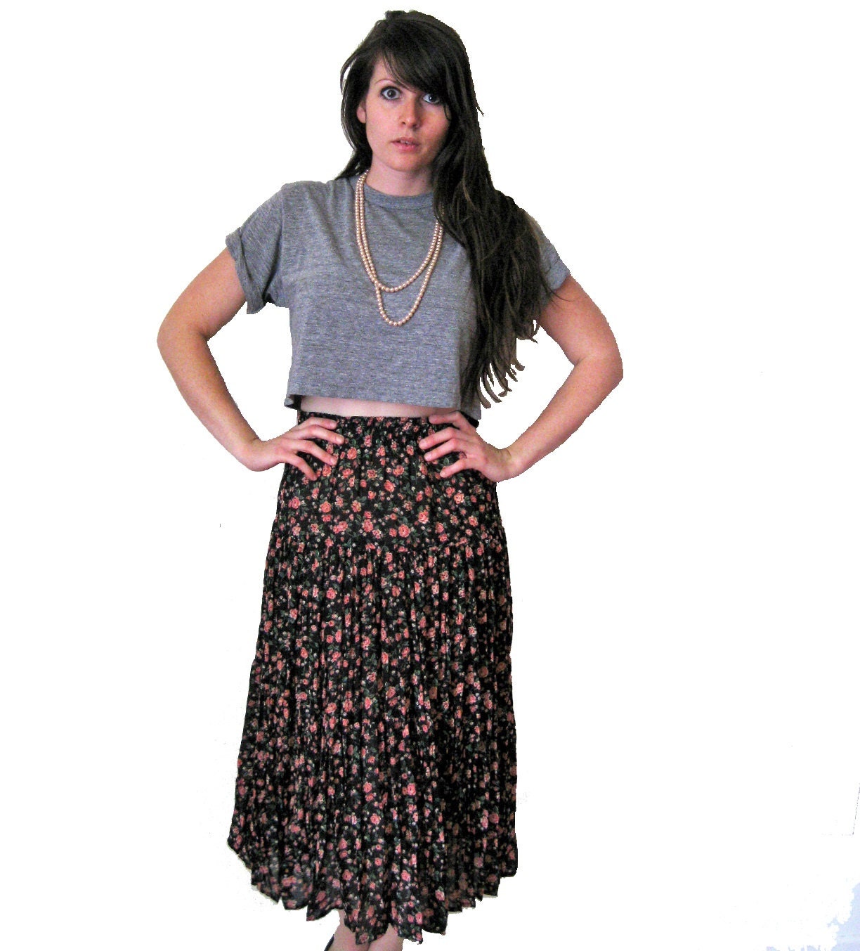 Grunge Maxi Skirt, Pink Rose Black Skirt, Floral Circle Skirt, Pleated by CLIO, MEDIUM