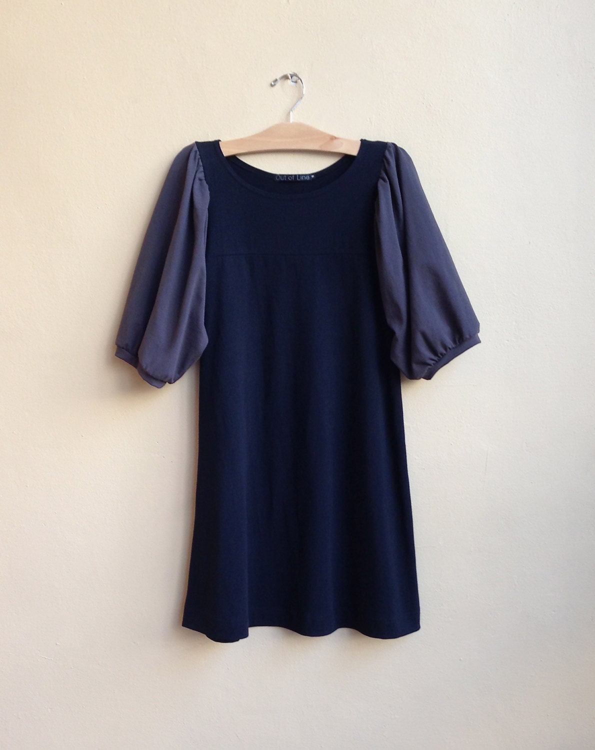 Women's Dress Aline, Black Cotton Jersey with color sleeve, modern bohemian style- made to order