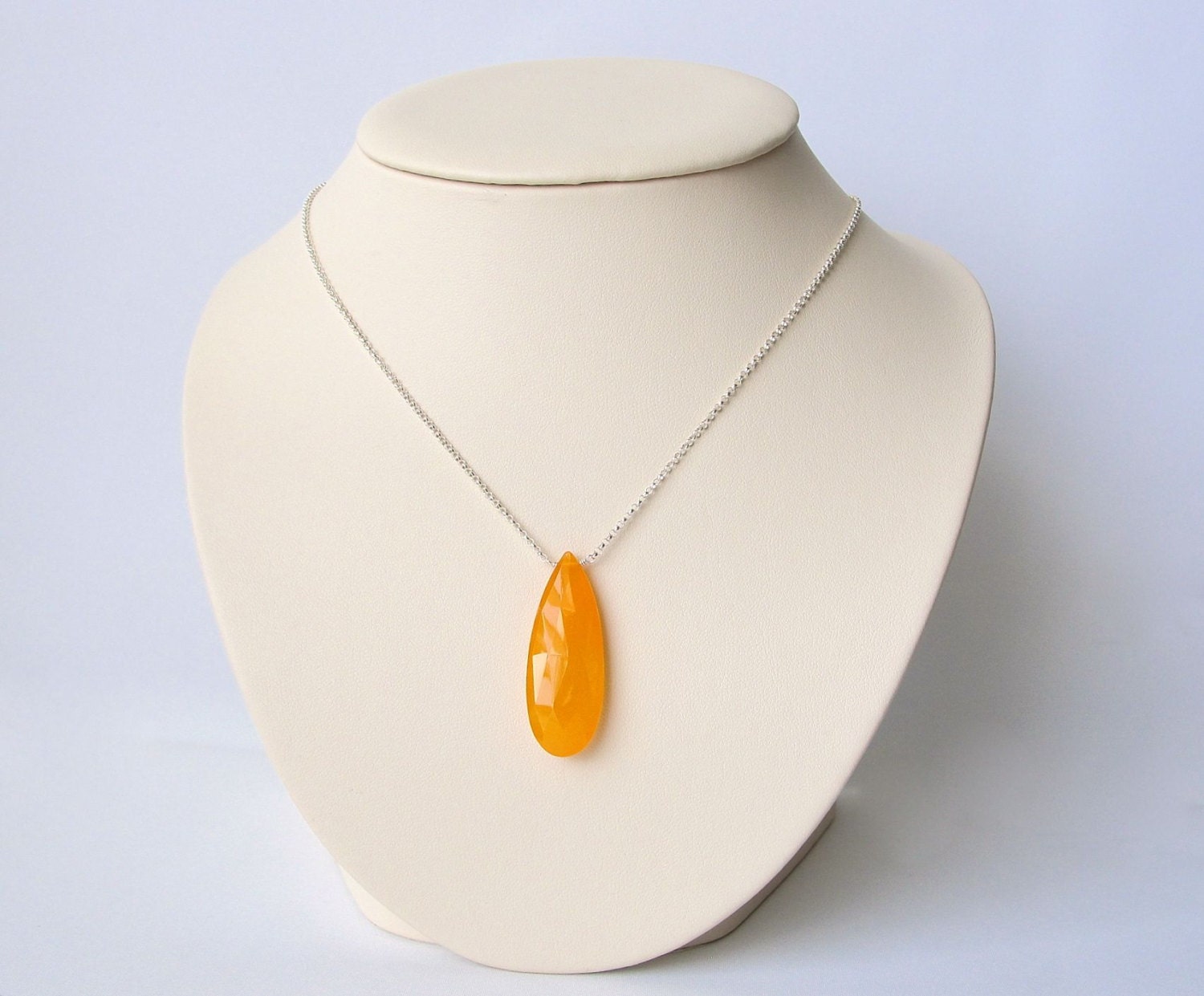 Large Orange Gemstone Pendant Necklace in Sterling Silver, Chalcedony Stone, Handmade Fashion Jewelry