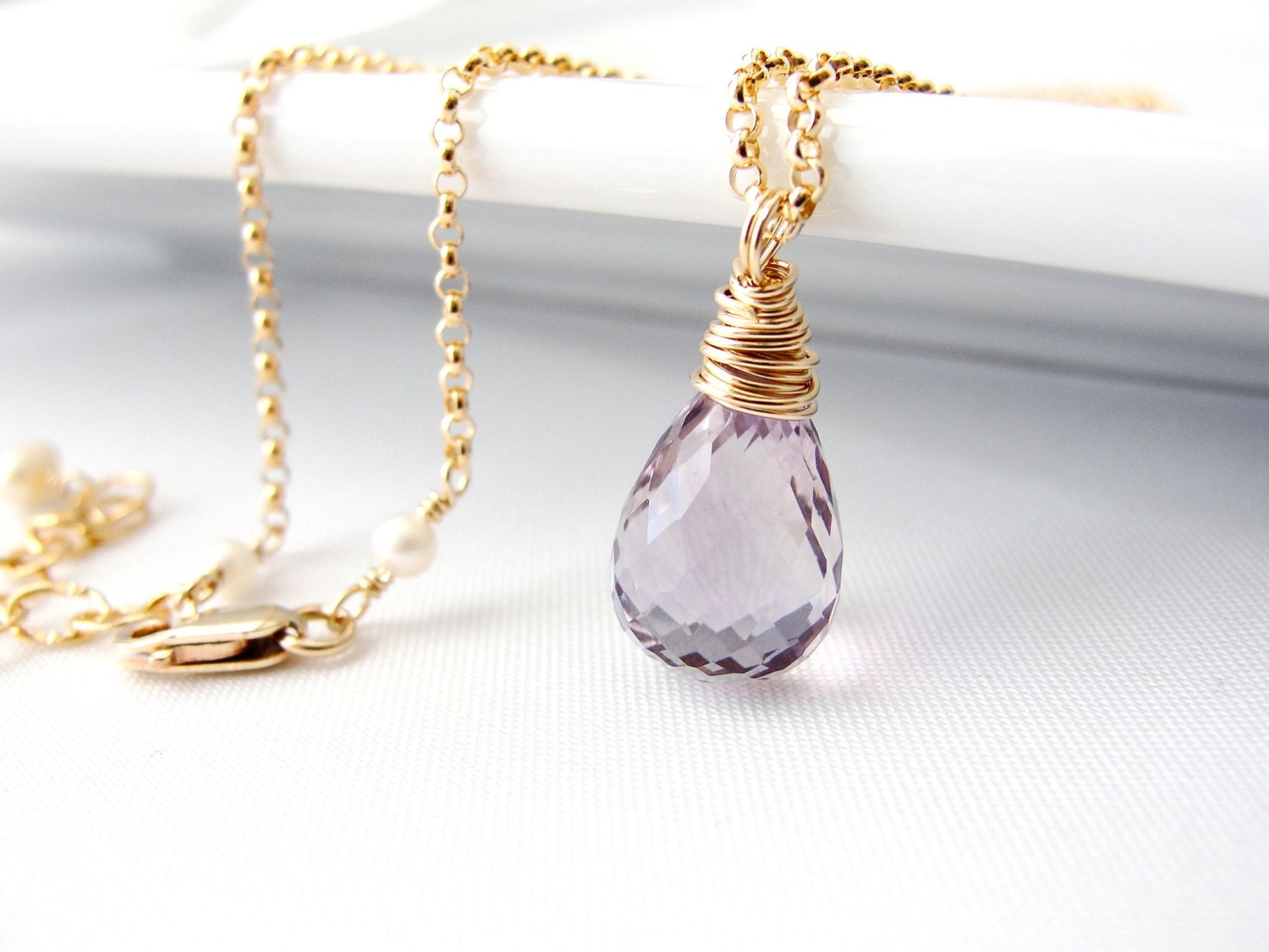 Pink Amethyst Pendant Necklace in 14K Gold Filled, Wire Wrapped Briolette Necklace, Graduation Gifts Jewelry