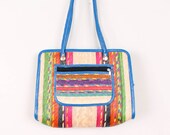 1960s Straw Purse / Tote Bag - Bright Green Hot Pink Purple Teal Yellow Brown w/ Royal Blue Vinyl Trim