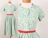 1940s Floral Cotton Dress - Womens S / M - Full Skirt Flower Pattern 40s Frock Day Dress Miss Patricia Town & Country Clothes Summer Tulips