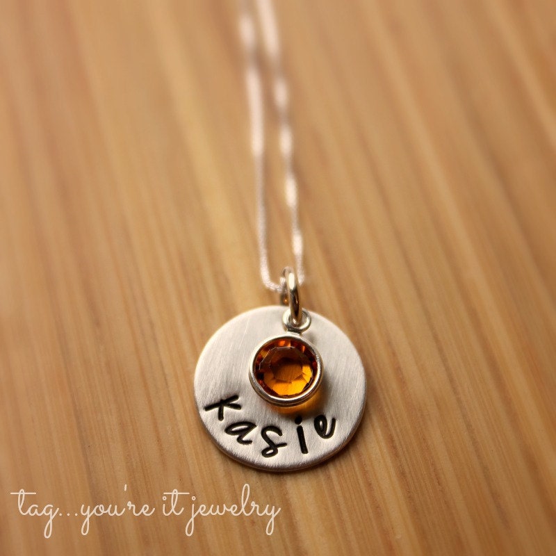 Custom Name Necklace for Mom- Hand Stamped Childs Name Necklace- Simple Birthstone Sterling Silver