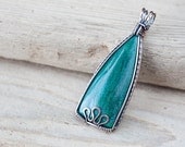 Unique Green Verdite Pendant, Natural African jade pendant, handmade wire wrapped oxidized copper frame, teal emerald green stone pendant