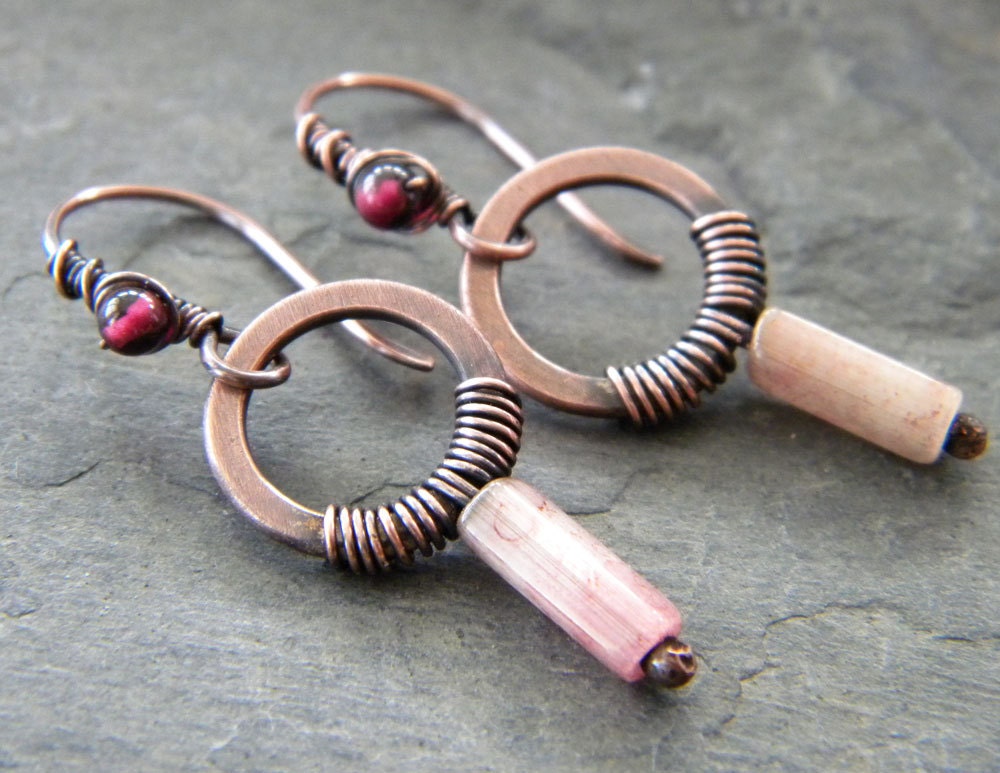 Red Copper Earrings Garnet Gemstone Pearlized White Glass Tube Bead Wire Wrapped January Birthstone Artisan Jewelry