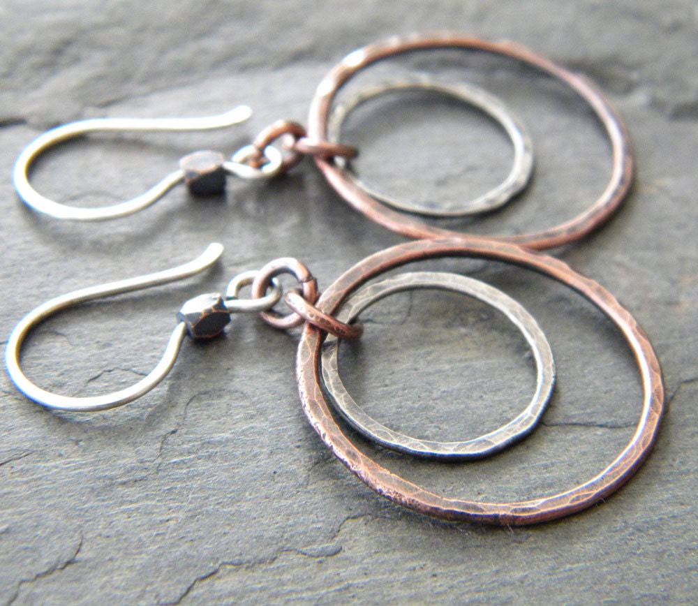 Sterling Silver Copper Earrings Double Circle Links Oxidized Artisan Jewelry
