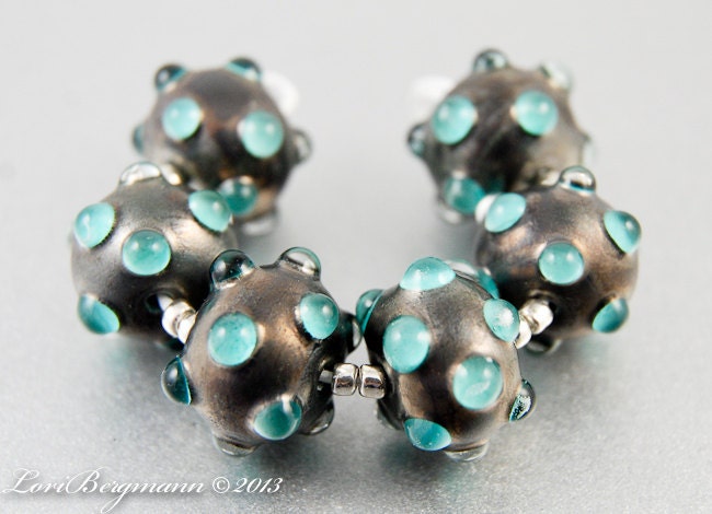 Bronze Metallic Glass Beads, Handmade Lampwork, Turquoise Green Bumbledots