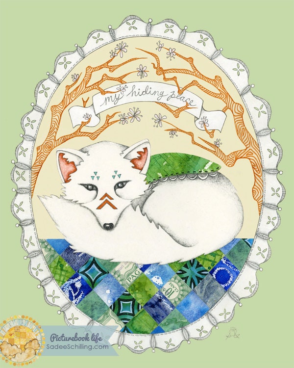 White Fox on Patchwork Quilt--My Hiding Place. Cozy Collage Print for Baby Boy or Girl in Blue and Sage Green.