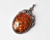 vintage grape leaves sterling silver amber pendant / Grapes of Wrath pendant