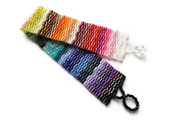 Seed Bead Bracelet, Peyote Stitch, Delica, Rainbow, Colorful, Bright, Fun, Primary, Purple, Blue, Green, Brown, yellow, Orange, Red, Fuchsia