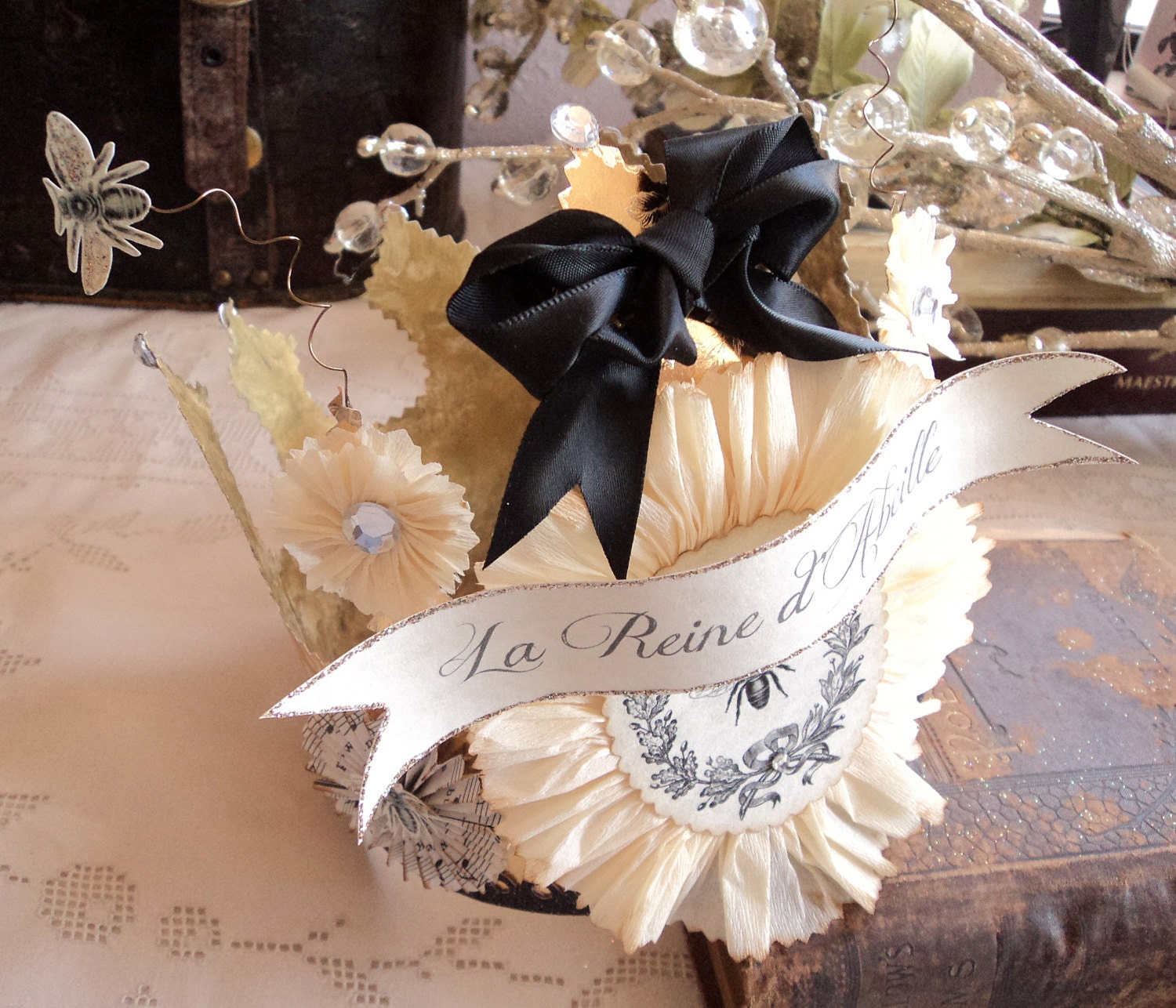 La Reine d'Abeille.  French Bee Themed Crown in Gold, Cream and Black