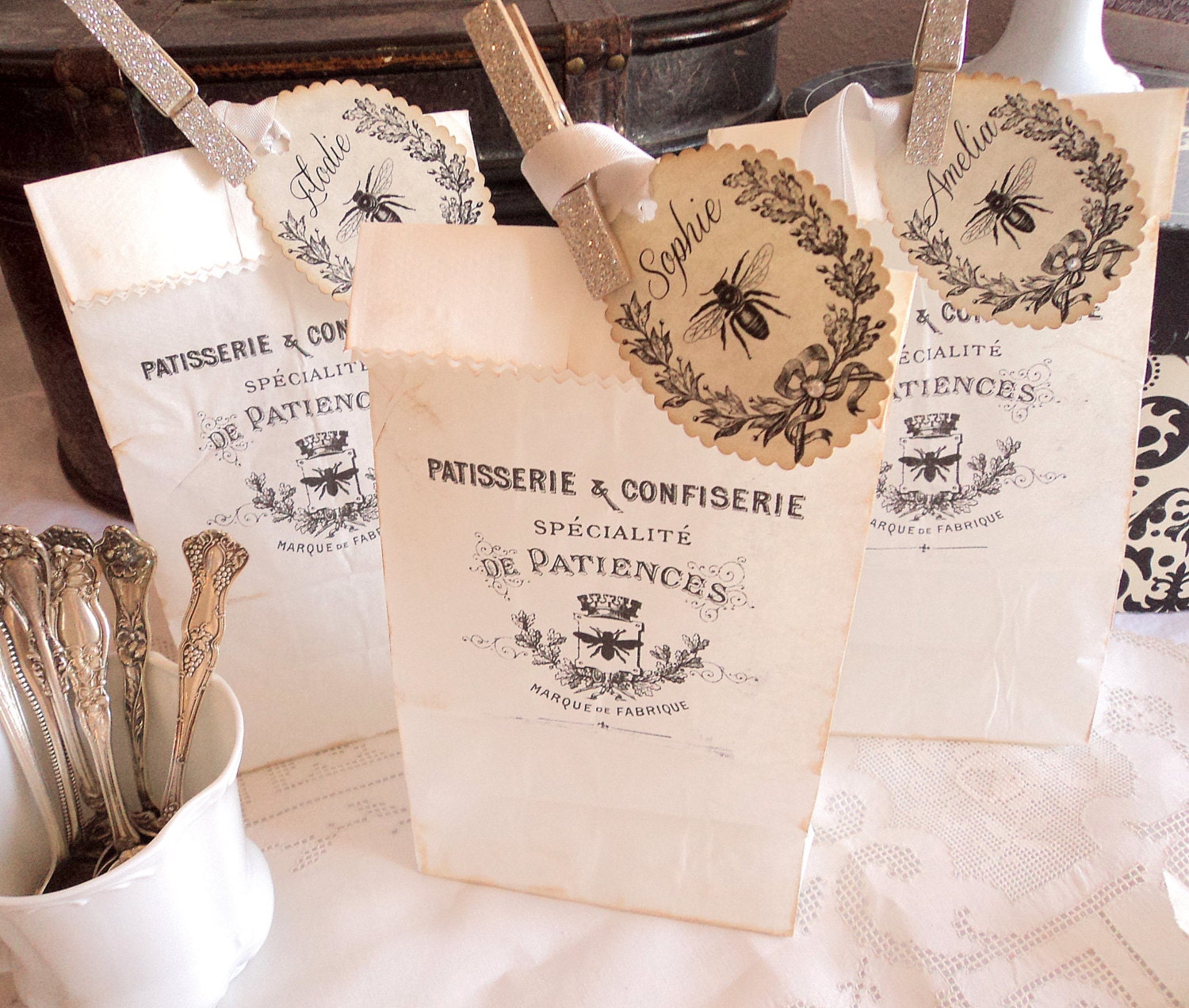 Bee Patisserie. Eight Distressed French Label  Favor Bags with Personalized Tags