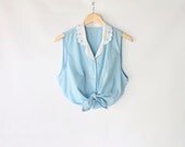 Vintage 60s Blue Gingham Sweet Summer Scallop Collar Blouse - vauxvintage