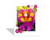 Hot pink and yellow orchid greeting card / computerized - printed - border of flowers and buttons / pink, yellow, green, white