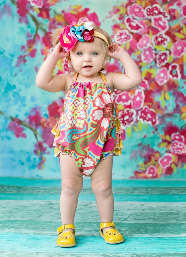 Fuchsia Blooms Ruffled Butt Romper Sun Suit