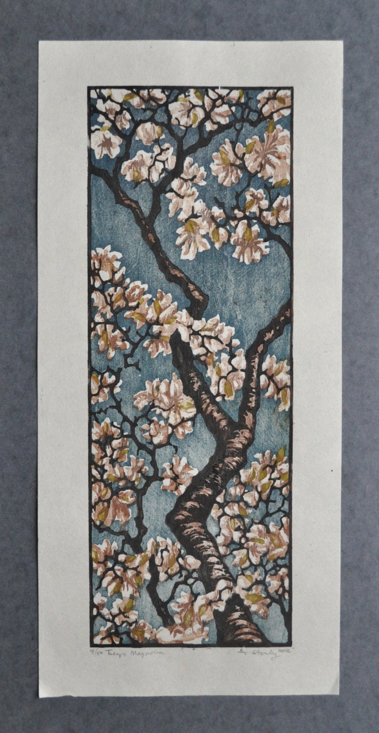 Original Tulip Magnolia Woodblock Fine Art Print - OOAK - Only 2 Left in Edition