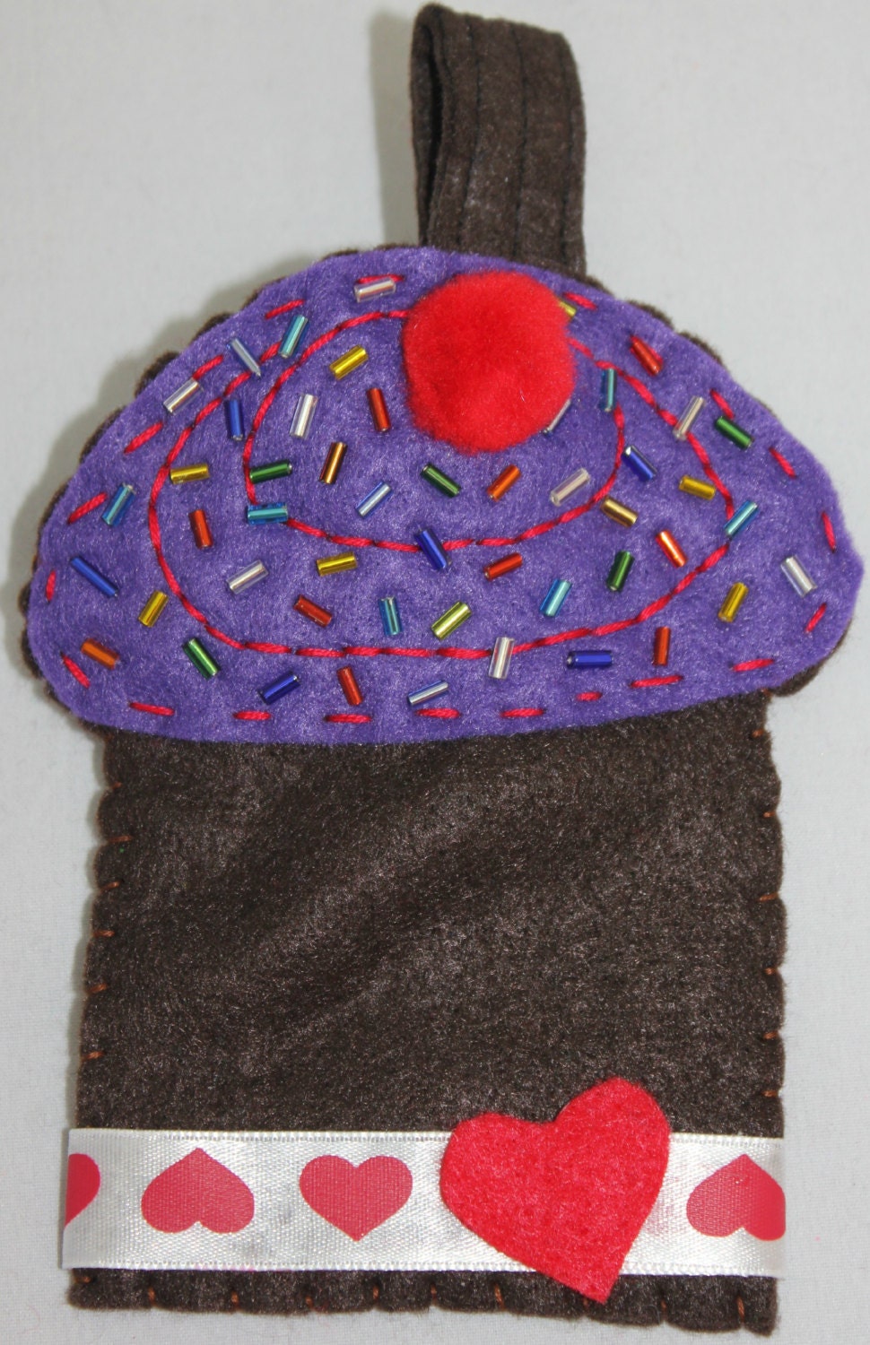 Dark Chocolate (2), cupcake, sprinkles, cherry on top, felt, purse