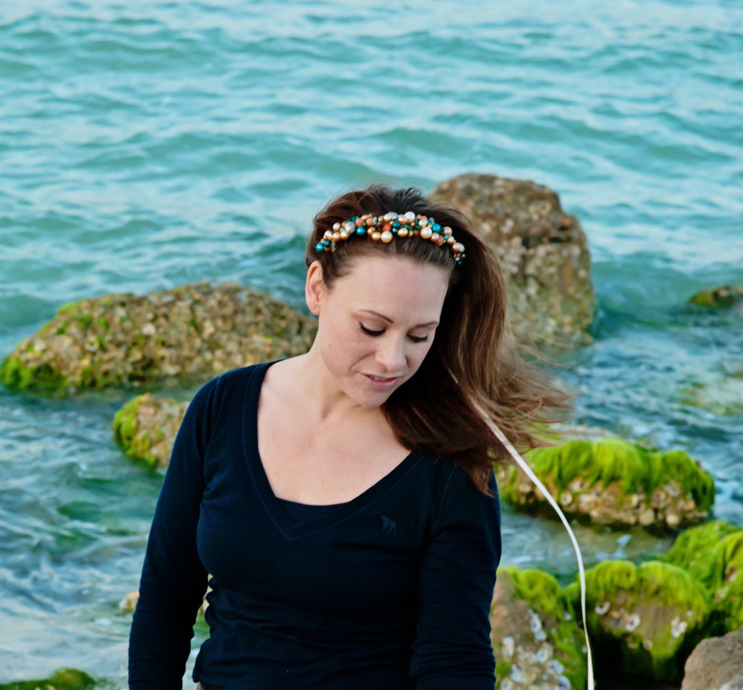 Mermaid- gold metal headband- hand wrapped- Swarovski crystals-Teal glass pearls-chandelier glass