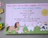 NEW-- Cute Farm Animal Birthday Invite- Cow, Pony, Lamb and Pig