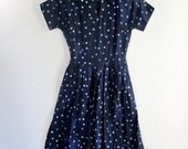 Vintage 50s/60s Navy Polka Dot Short Sleeve Dress, Size Small/Medium, Mad Men Style