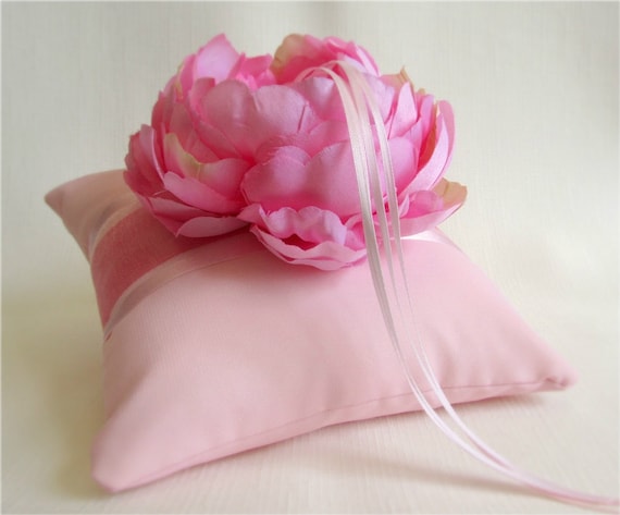 Pink Chiffon, Silk and Satin Ring Bearer Pillow with Large Peony Flower and Rhinestone Crystal Accents - Cerise Peony