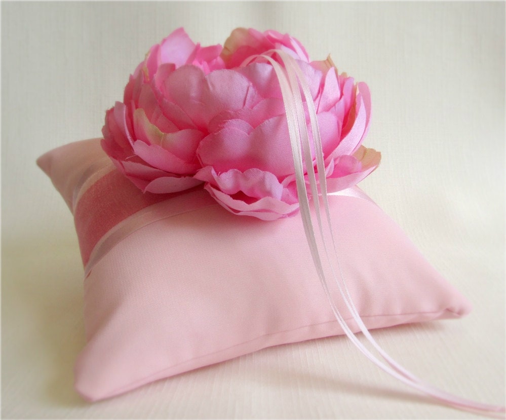 Pink Chiffon, Silk and Satin Ring Bearer Pillow with Large Peony Flower and Rhinestone Crystal Accents - Cerise Peony