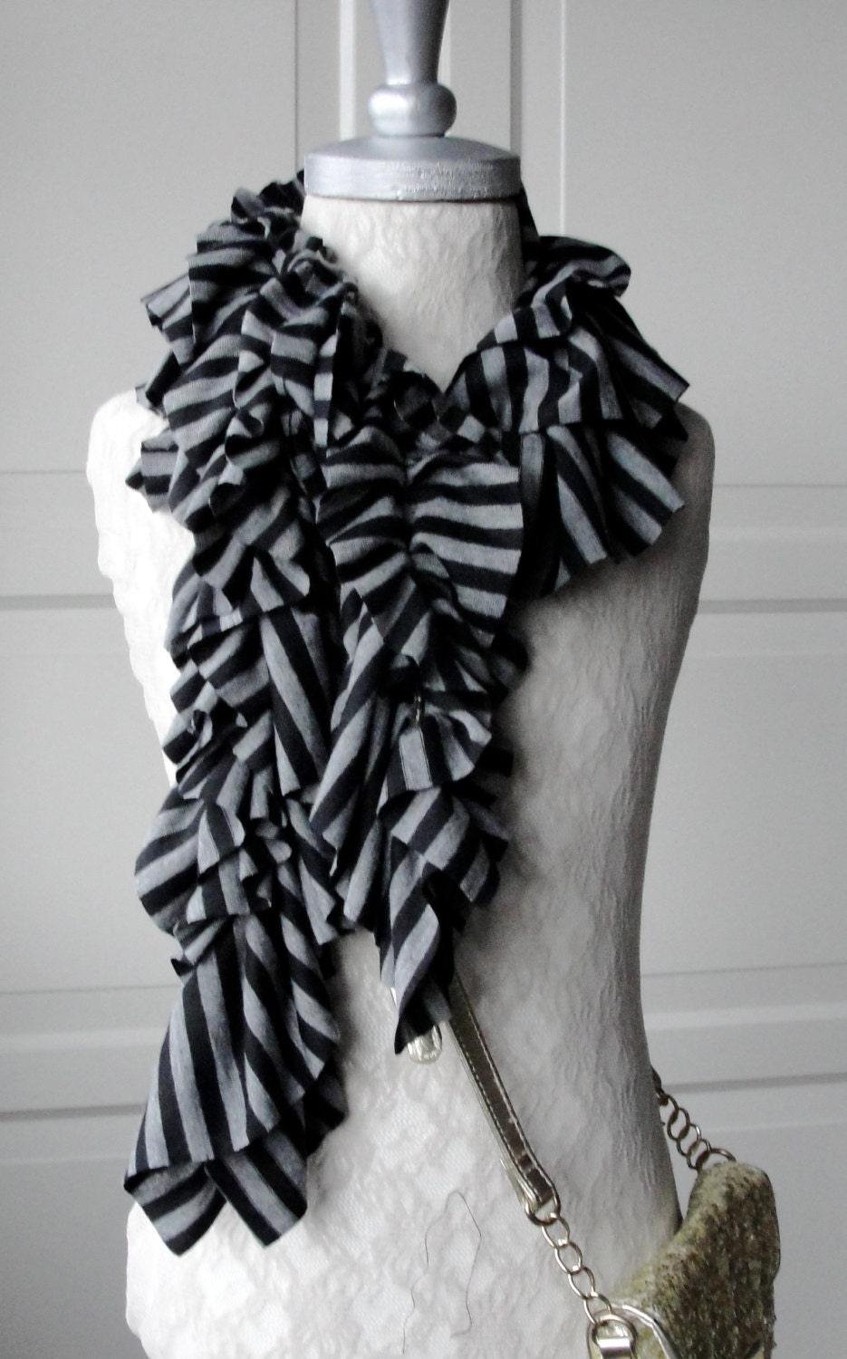 Mini RUFFLE scarf by FAIRYTALE13 - black and grey bold stripe .