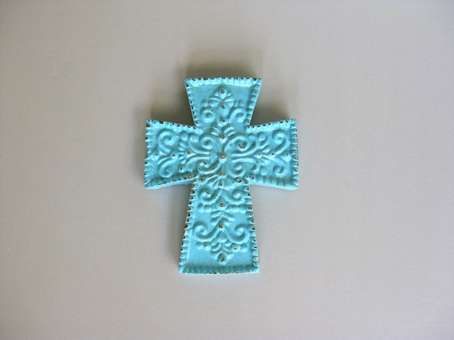 Vintage Turquoise Cross, Paperweight, Wall Hanging, Wall Decor, Office Gift, Aqua Blue, Religious Symbol