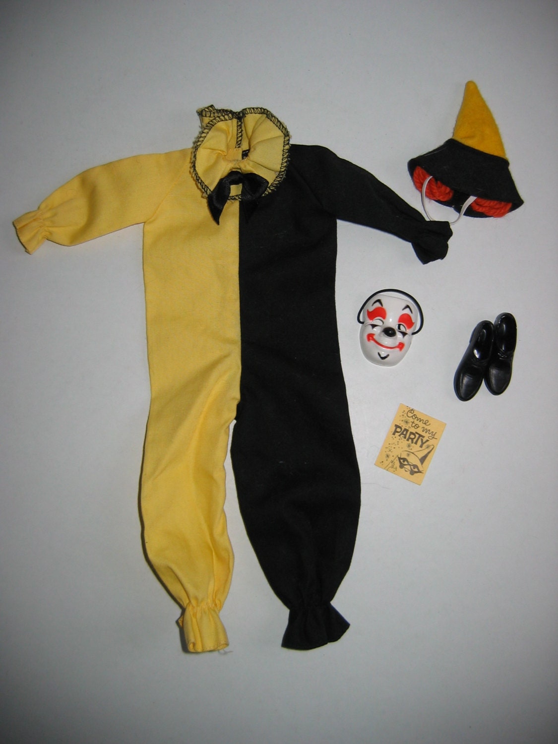 Vintage Barbie, Ken's Masquerade, Clown outfit from 1963.  With invitation, Mask and Shoes.  Ken TM label.  Mint.