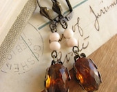 Vintage Amber Button Dangle Earrings -repurposed vintage jewel earrings-