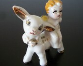 Vintage White Ceramic Cupid Riding Deer Knick Knack Japan