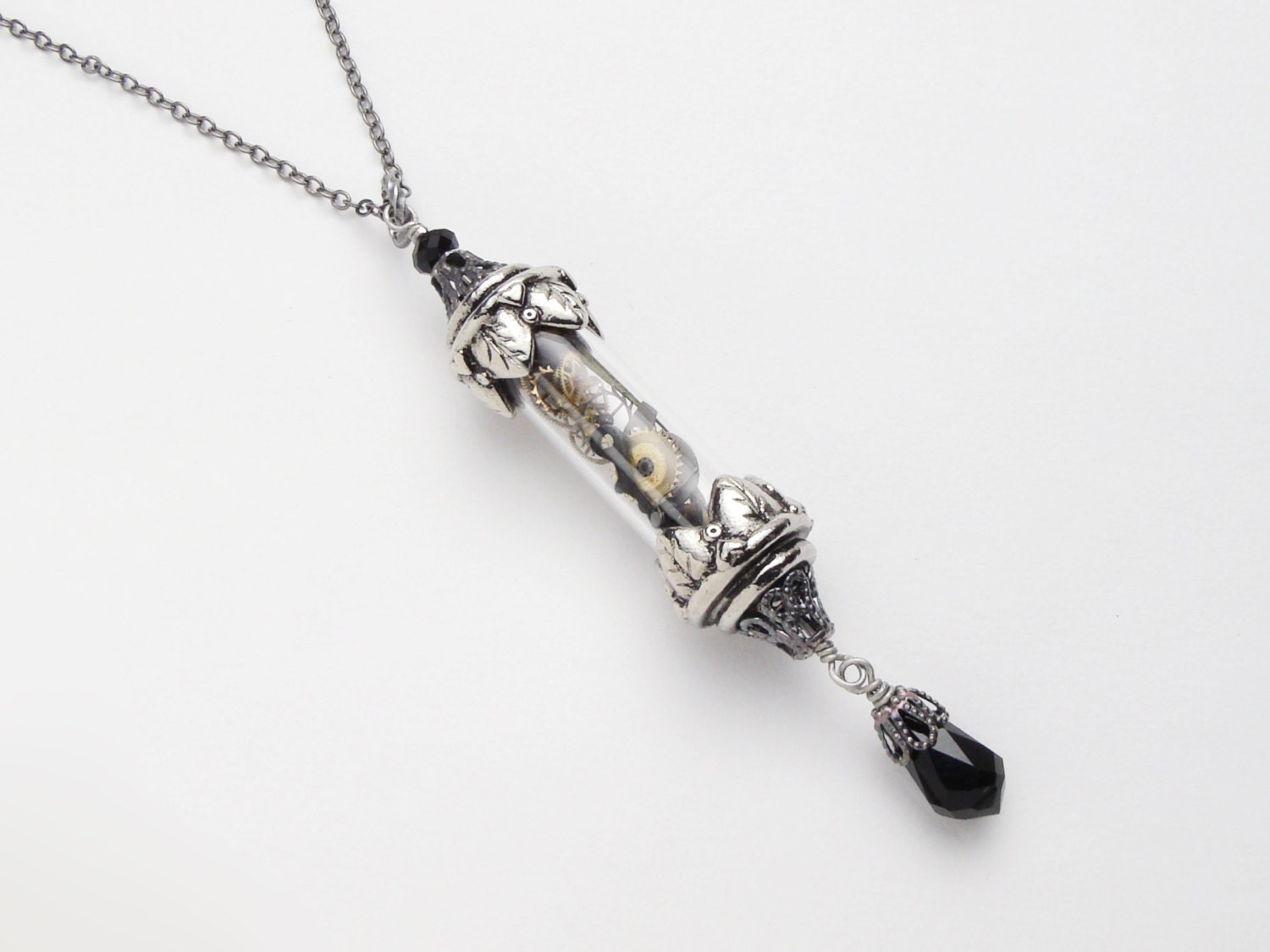 Steampunk Necklace vintage watch parts gears glass vial time in a bottle black crystal silver filigree leaf jewelry Steampunk Nation R1027