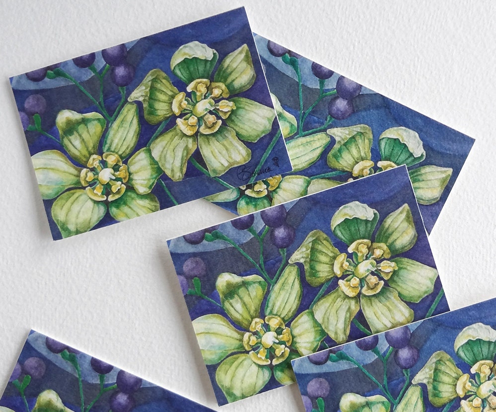 art print cards, flower note card, surreal green flowers