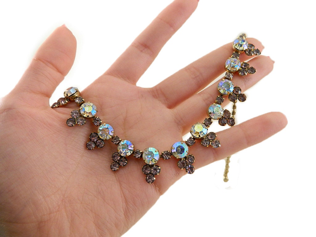 Vintage Aurora Borealis Rhinestone Necklace Pastels Lavender Choker Sparkle