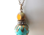 Vintage Style Necklace, Turquoise and Yellow Glass Beads Earrings, Antiqued Brass Filigree Bead Caps, Bridesmaids Earriings, gift