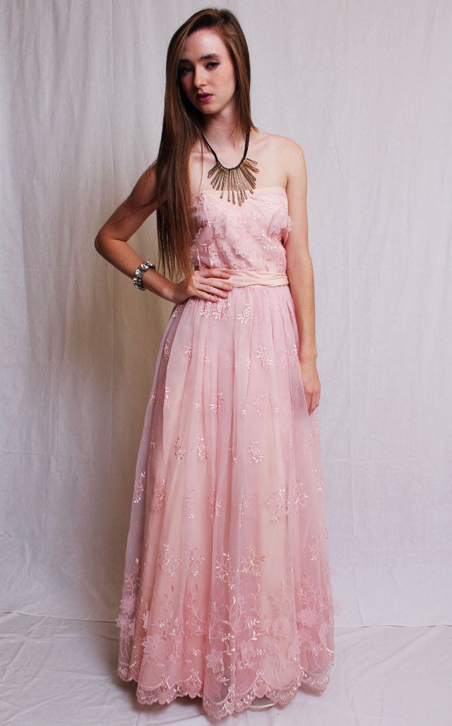 Vtg 1960s Fresh Cute Pink Seelet Lace Floral Delicate Long Strapless Prom Dress S