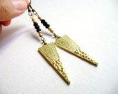 Point of view - long geometric tribal triangle and black crystals earrings