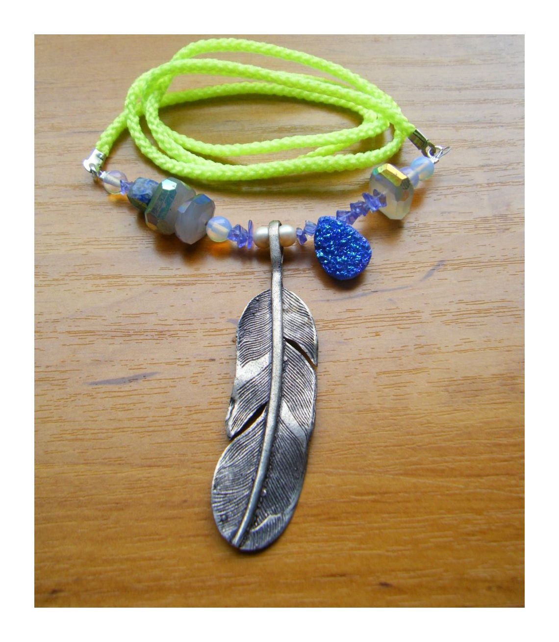 Only One - Long Necklace - Silver-tone Feather Pendant with cobalt blue, purple, pearl and Neon Yellow Cord