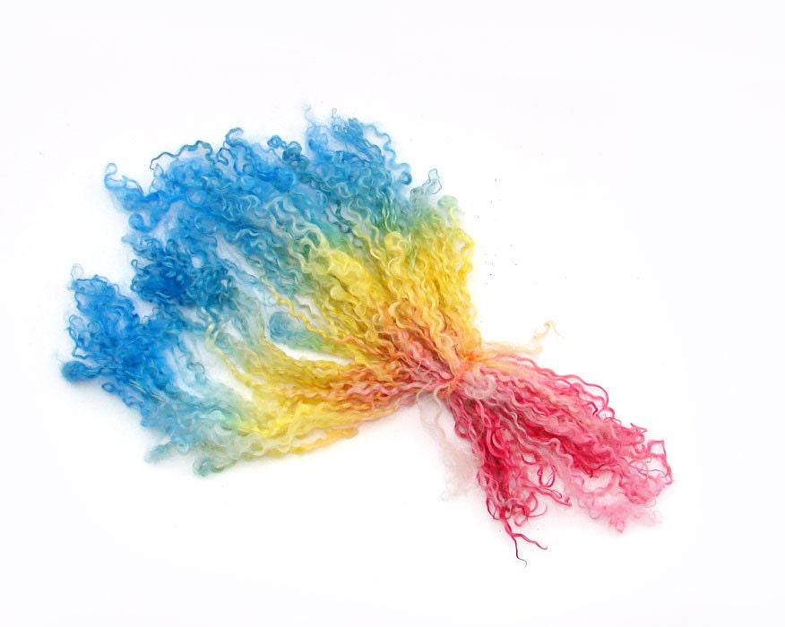 Hand dyed Teeswater lock long Curls 35 gramm 1,1 oz yellow pink end blue for Doll Hair - Blythe Doll Hair ,  Art Dolls,  , spinning and felt
