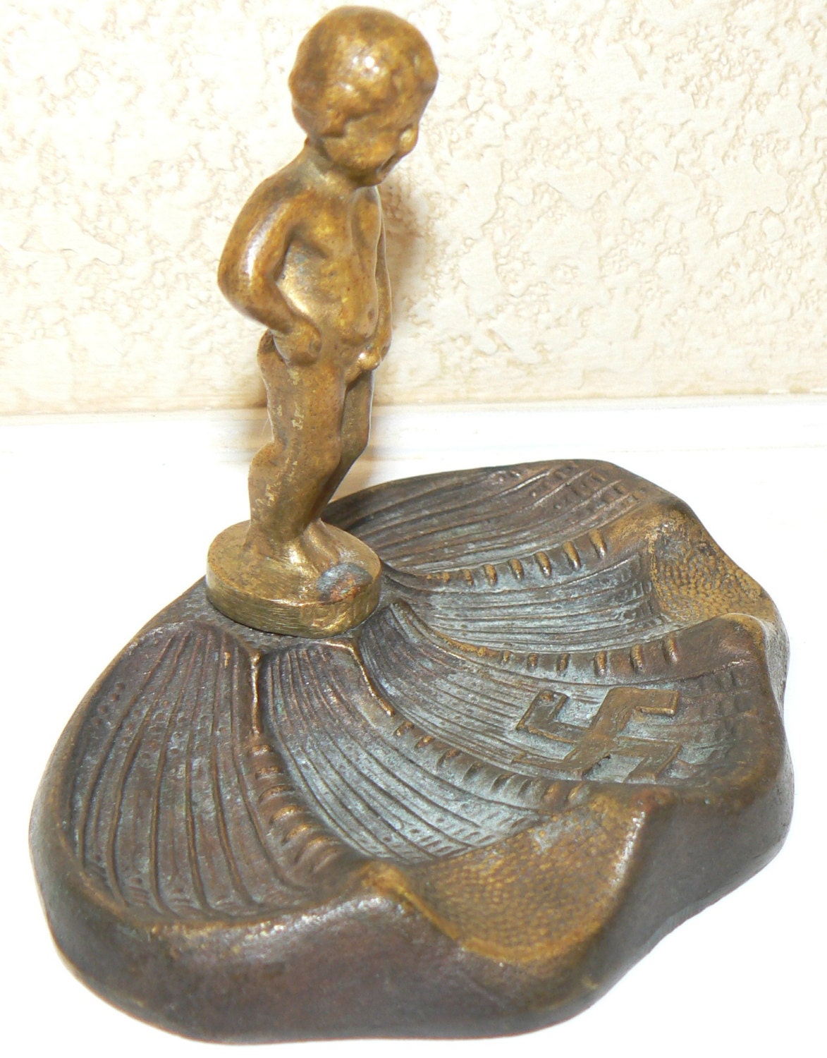 WWII Brass Ashtray Boy Peeing on Insignia Anti Nazi World War 2