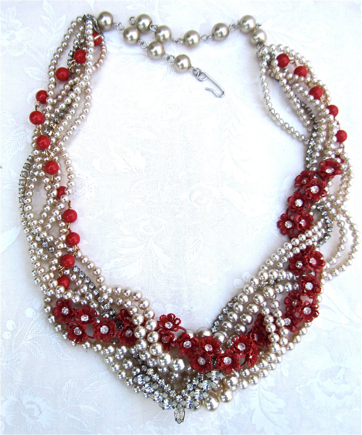 Chunky Pearl & Rhinestone Necklace With Red Vintage Enamel Flowers Twisted Bridal Statement (Tom Binns Inspired)