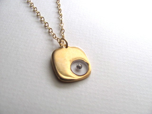 Petite gold square pendant necklace with floating rhinestone on 14k gold plate chain