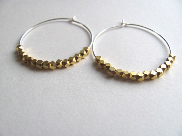 Silver hoop earrings with geometric 22k gold plated beads, geometric gold nugget hoops