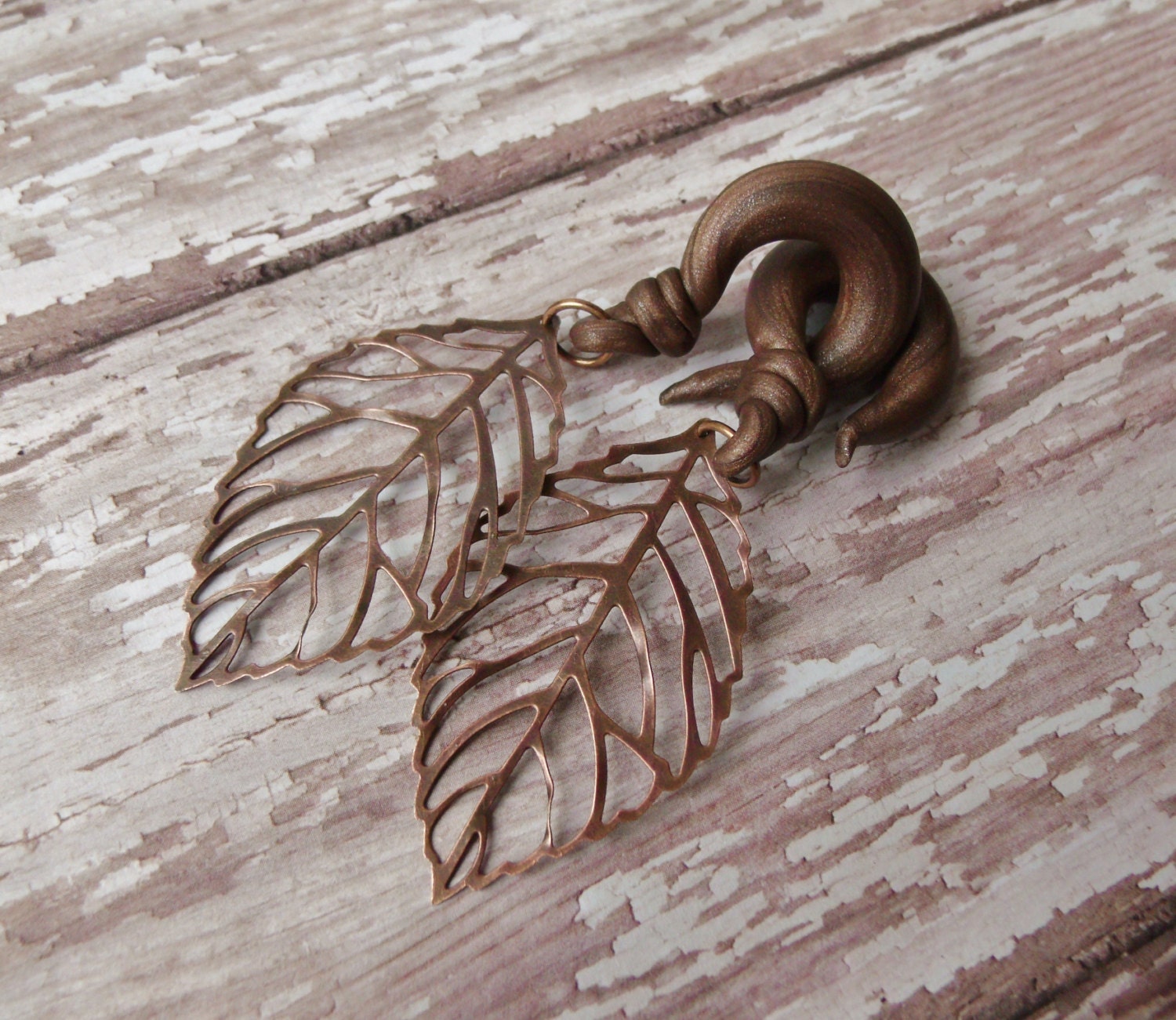 Copper Skeleton Leaf Gauged Earrings