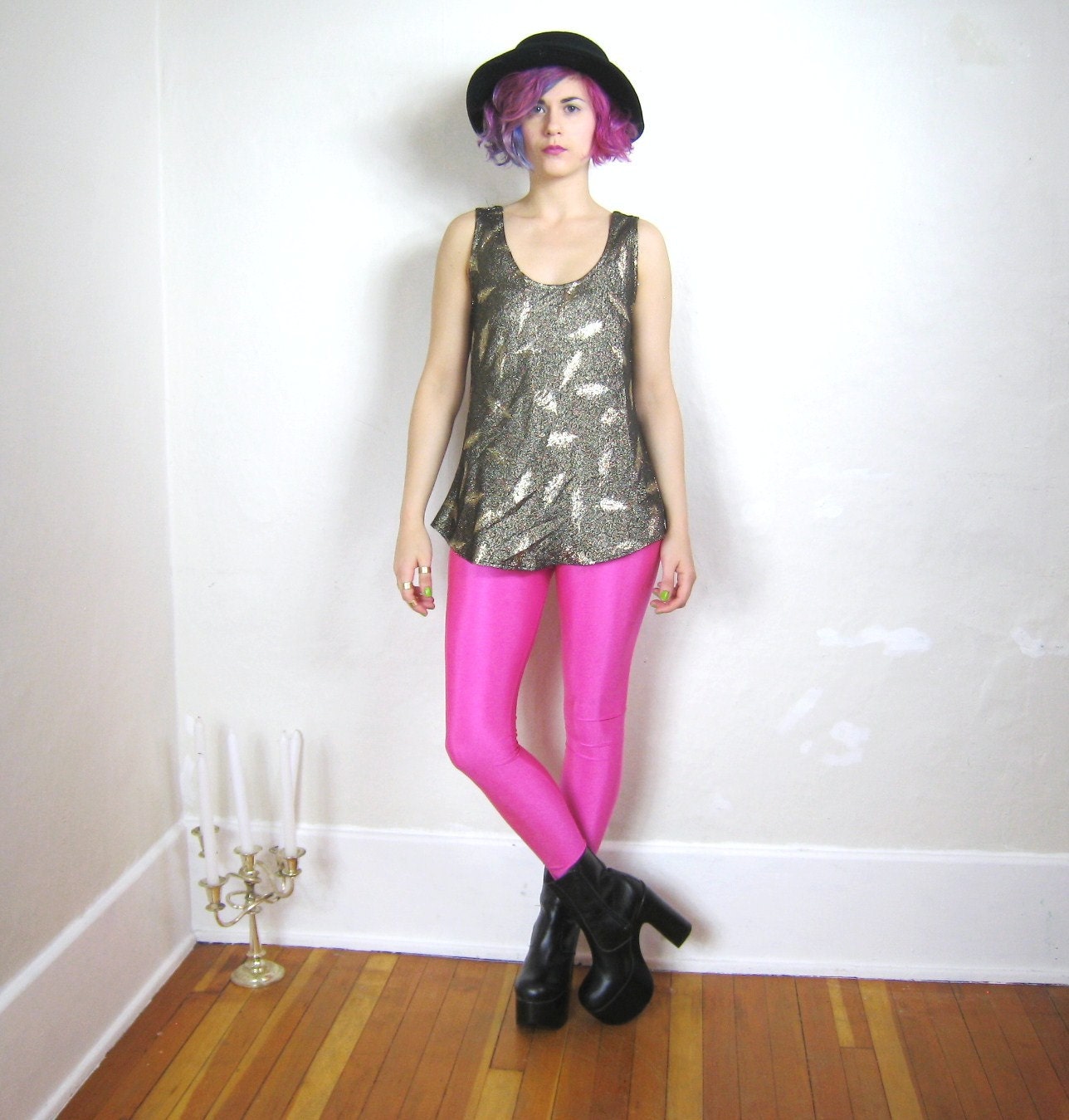 70s 80s Feather Print Metallic Gold Evening Tank (S/M)