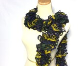 Hand Knit Ruffle Scarf - Navy Blue Green Chartreuse