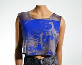 sale Grunge Astronaut Blue and Grey Side Cut Crop Top Sleeveless Hand Dyed Oversize T Shirt Buzz Aldrin Apollo 11 NASA Women's Small
