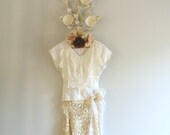 Linen tunic, shabby flax, white cottage ruffle shirt, ecru crochet, ladenlook, romantic ethereal, boho prairie , altered couture, M