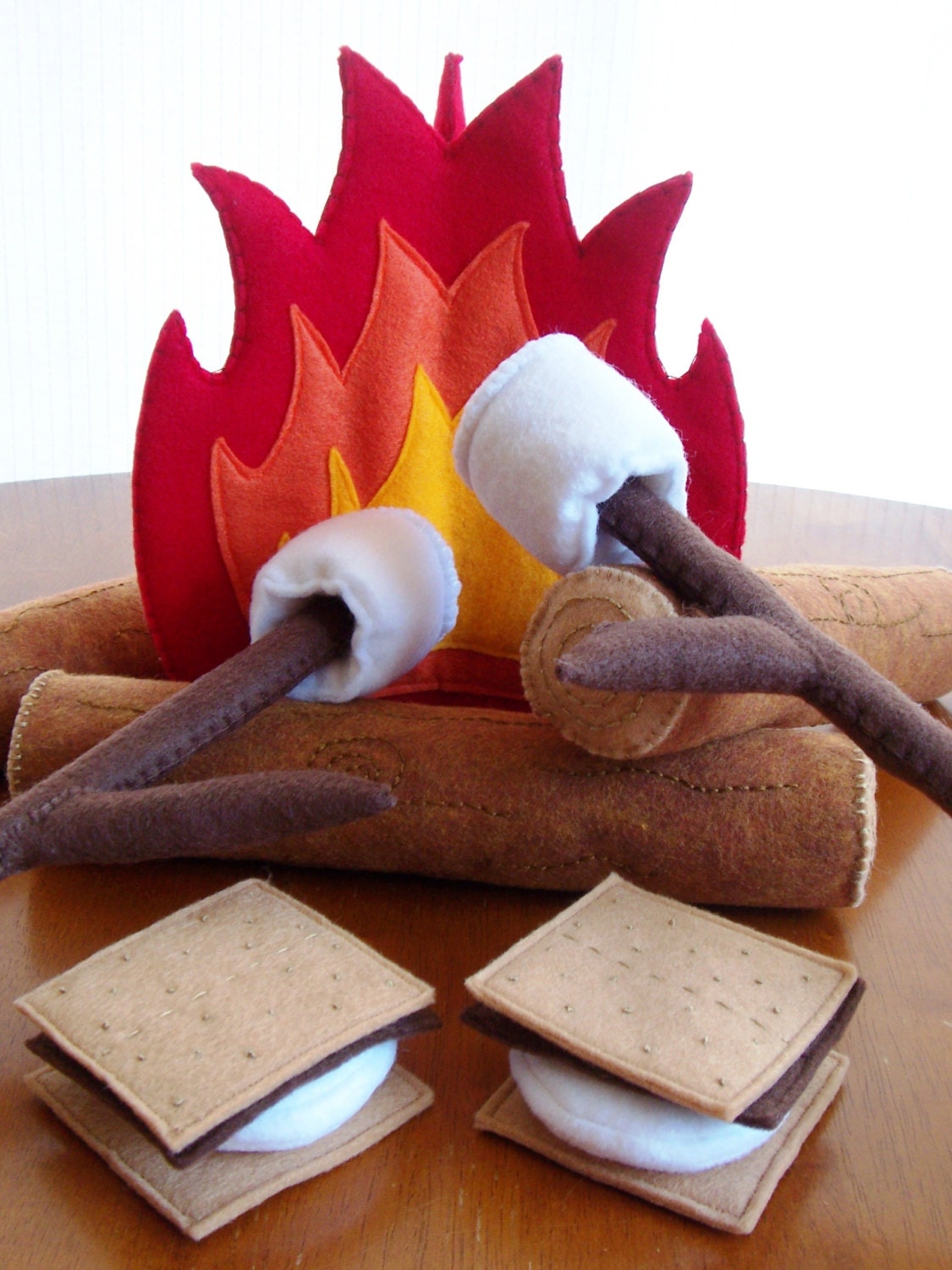 Felt Campfire Eco Friendly Children's Pretend Play Set - Camp Fire, 3 Logs, 2 S'mores, 2 Roasting Sticks, and 2 Roasting Marshmallows